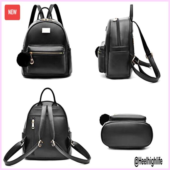 Leather Mini Backpack Purse with Pompom, 3 Zipper Pockets, Travel Daypack